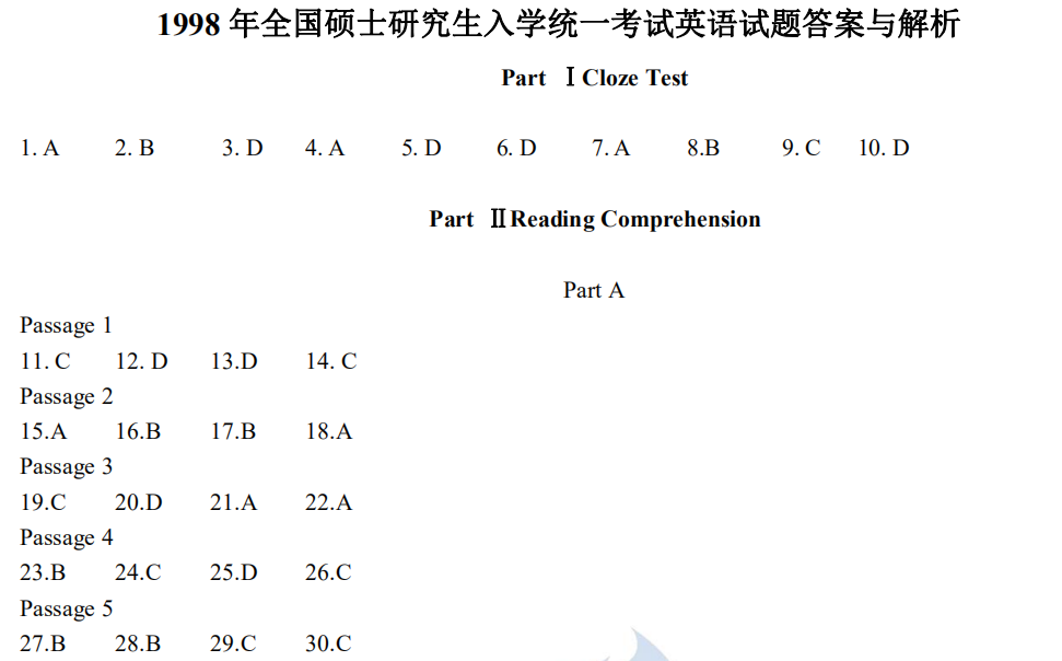 1998 年全國(guó)碩士研究生入學(xué)統(tǒng)一考試英語(yǔ)二試題答案與解析