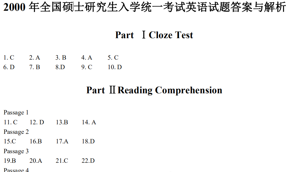 2000 年全國碩士研究生入學統一考試英語二試題答案與解析