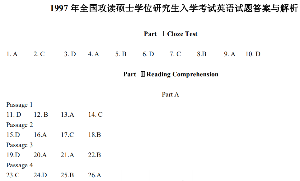 1997 年全國攻讀碩士學位研究生入學考試英語一試題答案與解析