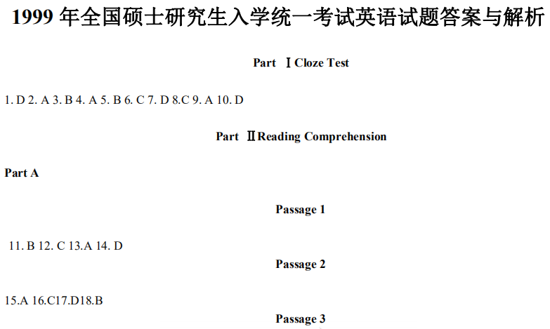 1999 年全國碩士研究生入學統一考試英語一試題答案與解析