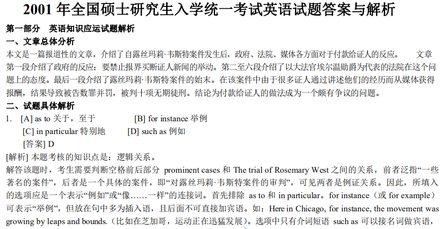 2001 年全國碩士研究生入學統一考試英語一試題答案與解析