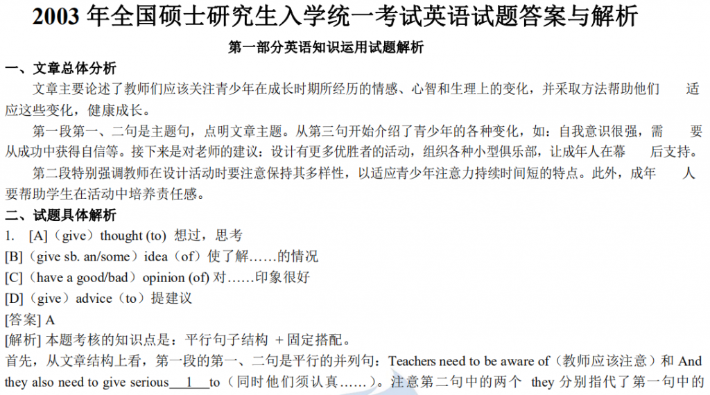 2003 年全國碩士研究生入學(xué)統(tǒng)一考試英語一試題答案與解析