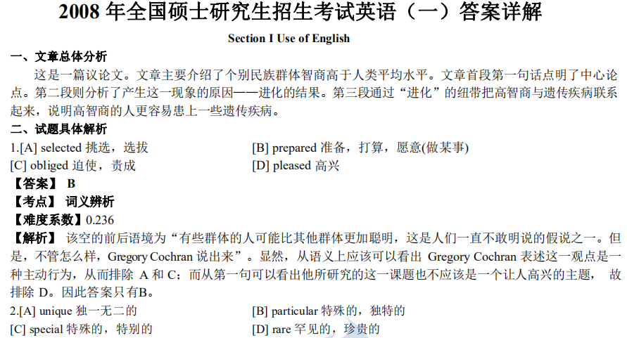 2008 年全國碩士研究生招生考試英語（一）答案詳